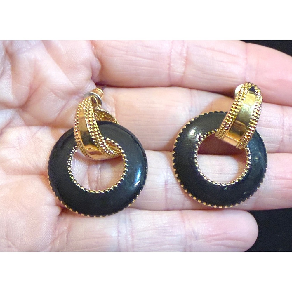 Vintage Gold Tone Black Enamel Door Knocker Hoop Earrings Retro Statement Post‎